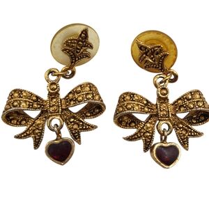 Vintage Style Gold Tone Bow Earrings  Heart Charms Red Stone